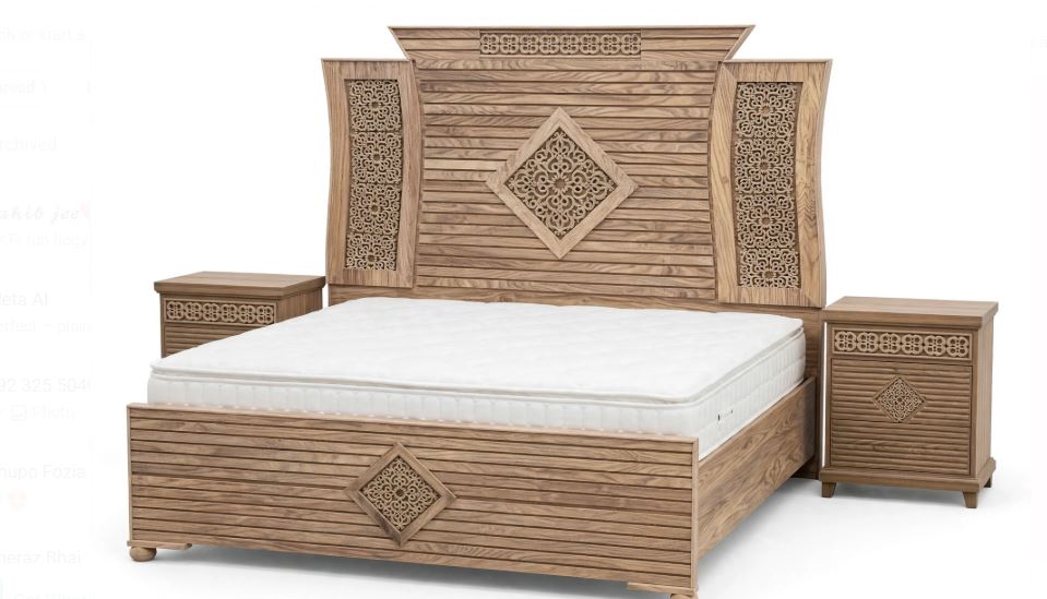 Light Ash Stripped Wood With Central Diamond Floral- 2 vertical sides Intricate Pattern Bed Frame 2 Side Tables