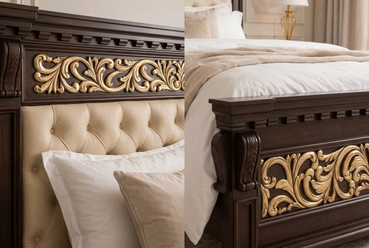 Dark Brown Wood Bed Golden Carvings with Cream Tufted Cushion Preserved With two Side Tables