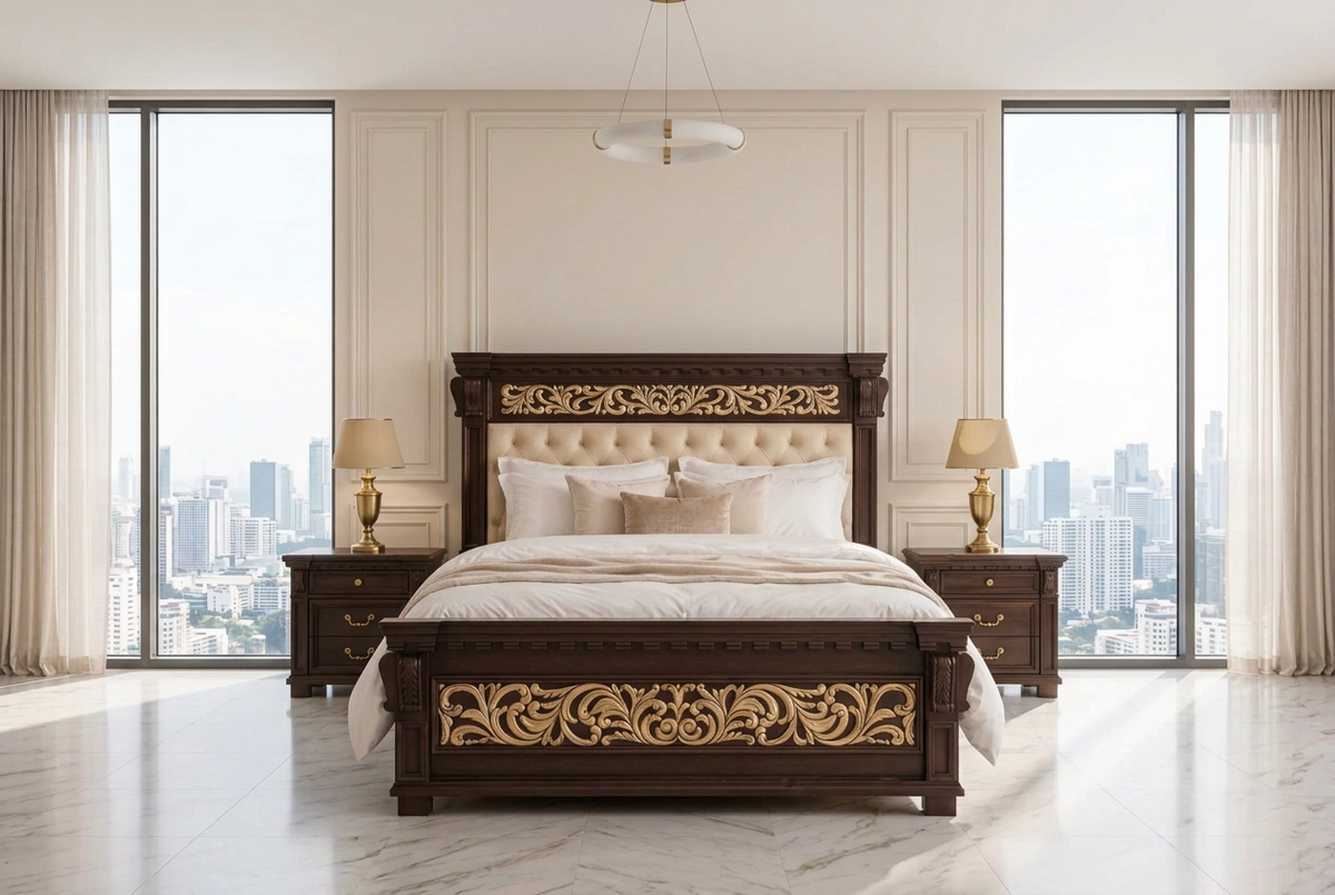 Dark Brown Wood Bed Golden Carvings with Cream Tufted Cushion Preserved With two Side Tables