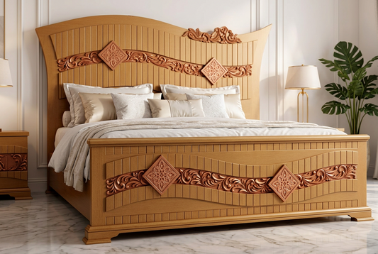 Warm Toned Polished Wood Bed Complete Bed Headboard and Footboard With 2 Side Tables