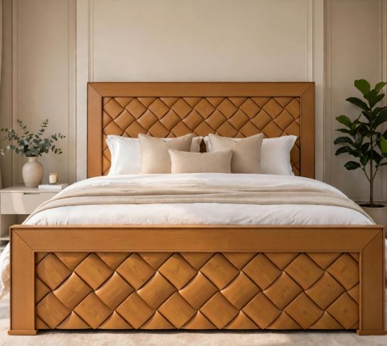 Honey Wood With Diamond Woven Pattern Bed Frame With 2 Side Tables
