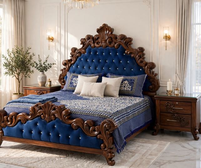 Heavy Dark Walnut Crown Carving With Royal Blue Velvet Tufted Bed Frame With 2 Side Tables