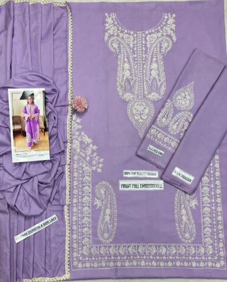Lavender Purple Dhanak With Creamy Paisely Embroidered Unstitched 3Pc With Shawl