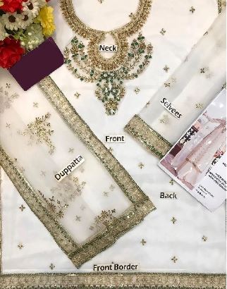 White Royal Organza Heavy Embroidered With Gold Zari Unstitched 3pc Suit