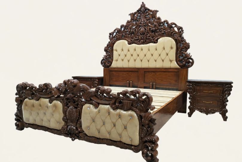 Dark Walnut Heavy Floral Crown With Tufted With Cream Beige Bed Set With 2 Side Tables