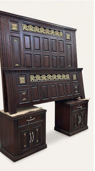 Dark Mahogany Wood With Square Golden Floral Strips Bed Set With 2 Side Tables