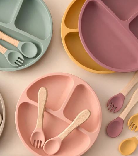 Baby Silicon Divided Plates With Wooden Spoon And Fork