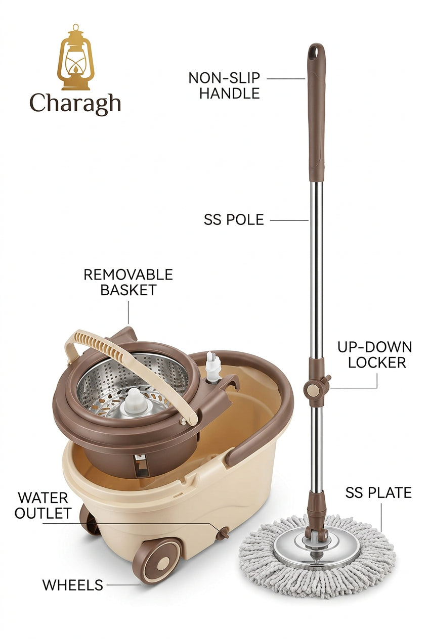 Spin Mop Bucket, Premium Upgraded Spin Bucket hard Plastic Material And Stainless Steel Body, Extra Feature