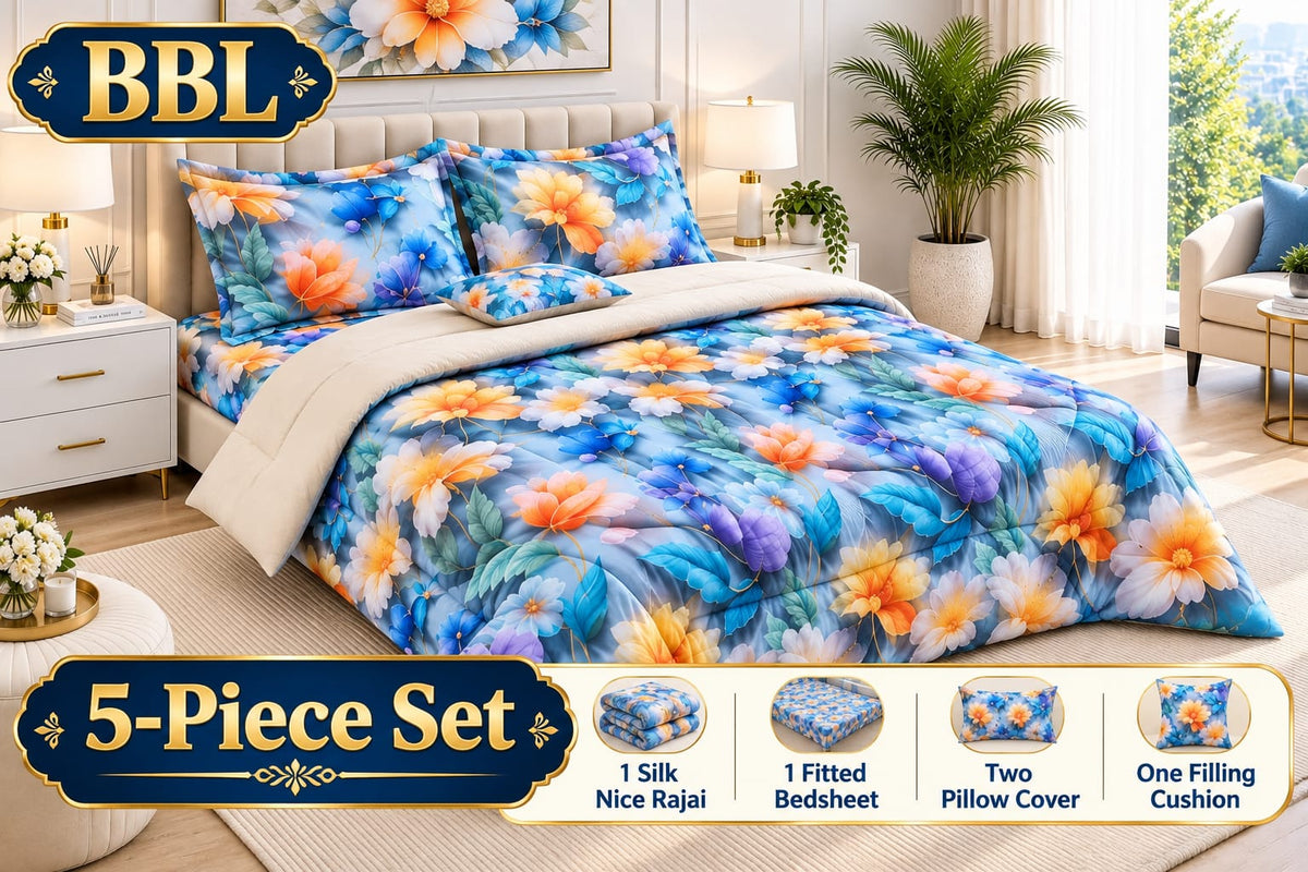 BBL 5 pcs Bed sheet 2 pillow cover 1 silk Razai 1 bed sheet 1 cushion Printed