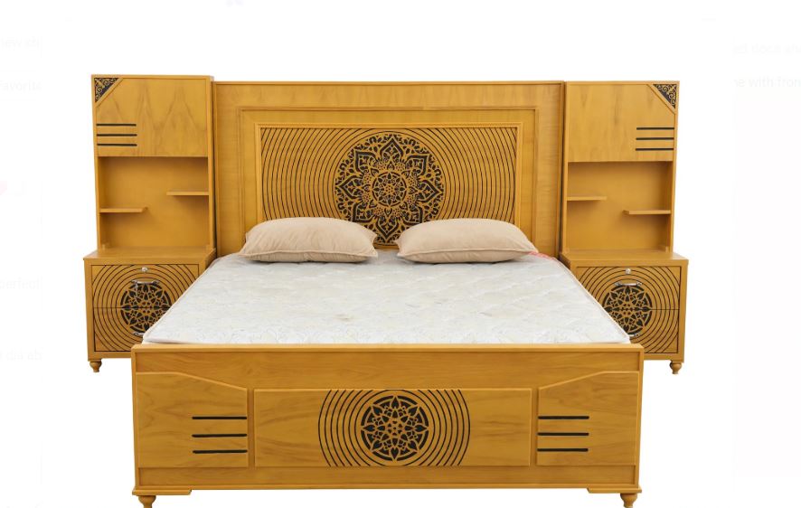 Honey Mustard Wood With Circular Black Lattice Pattern Bed Frame With 2 Side Tables