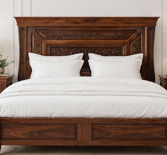 Rich Walnut Shine With Deep Floral Center Carving - Intricate work Bed Frame With 2 Side Tables