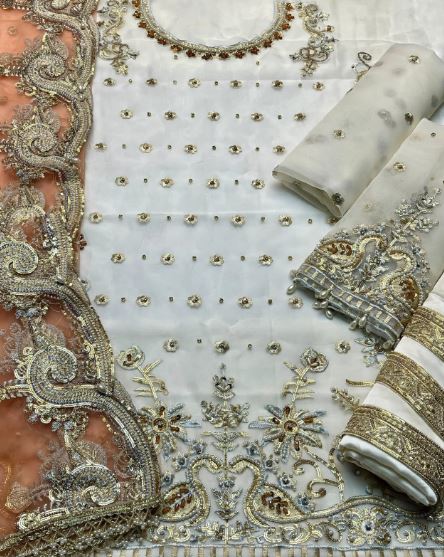 Off White Embroidered Oraganza Sharara With Heavy Daman Gold Zari- Peach Heavy Dupatta Unstitched 3Pc Suit