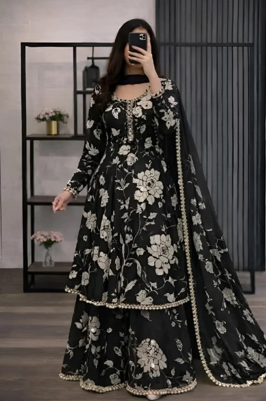 Black 3 pcs Shalwar kameez stitched flower printed