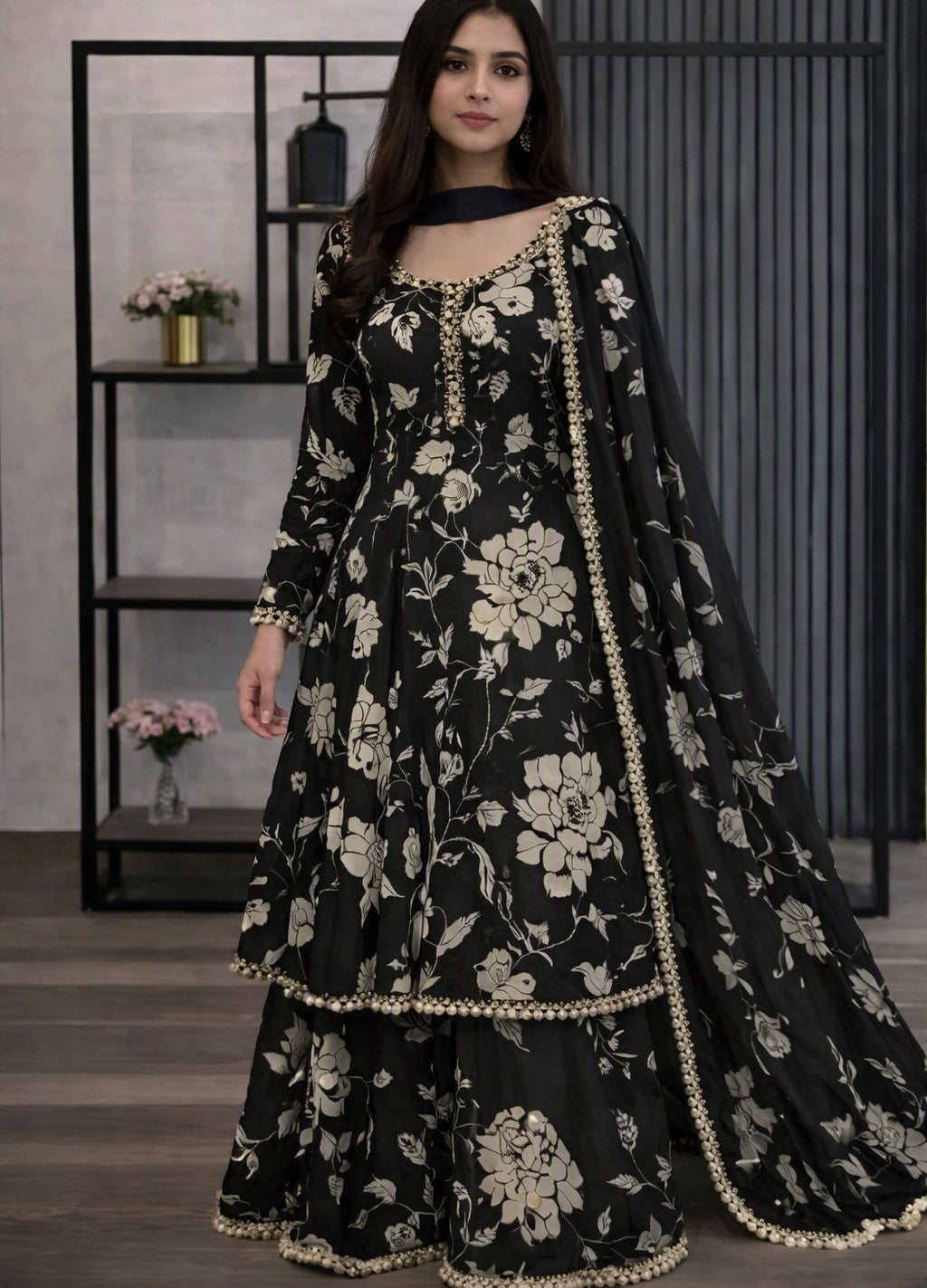 Black 3 pcs Shalwar kameez stitched flower printed