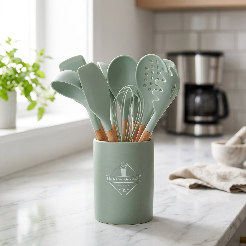 A silicone kitchen utensil set 12pcs with light wood handles and mint green heads, mint green storage case