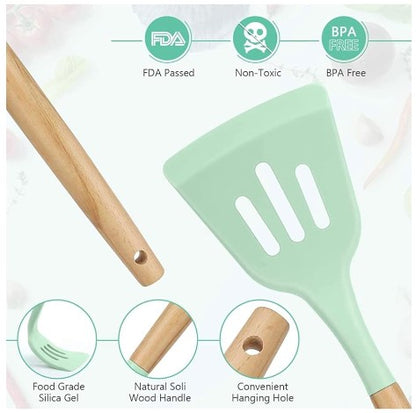 A silicone kitchen utensil set 12pcs with light wood handles and mint green heads, mint green storage case