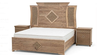 Light Ash Stripped Wood With Central Diamond Floral- 2 vertical sides Intricate Pattern Bed Frame 2 Side Tables
