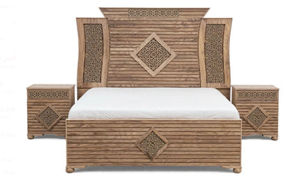 Light Ash Stripped Wood With Central Diamond Floral- 2 vertical sides Intricate Pattern Bed Frame 2 Side Tables