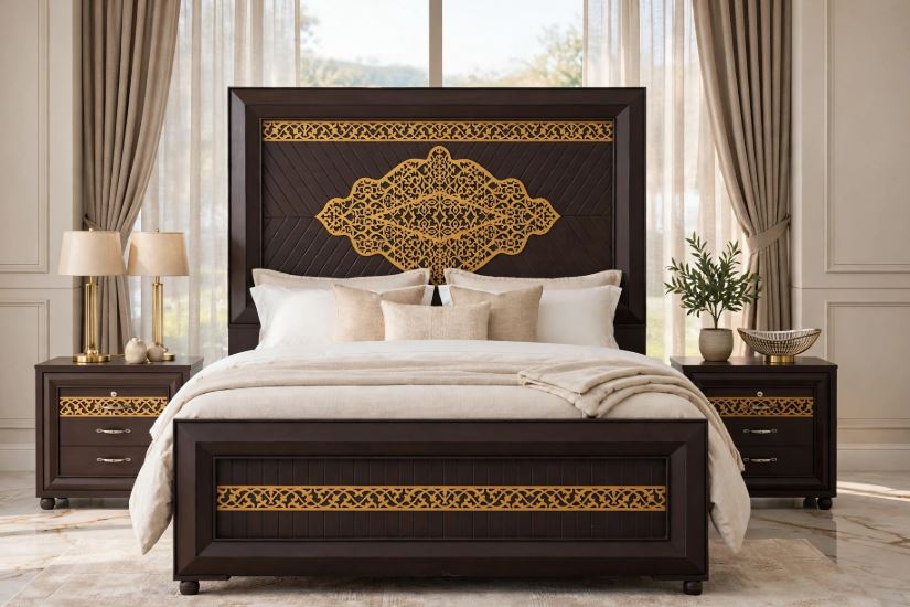 Dark Brown Polish With Gold Laser Lattice Borders Bed Frame With 2 Side Tables