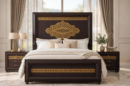 Dark Brown Polish With Gold Laser Lattice Borders Bed Frame With 2 Side Tables
