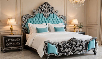 Turquoise Aqua Velvet Tufted With Heavy Silver Baroque Carving Crown Bed Frame With 2 Side Tables