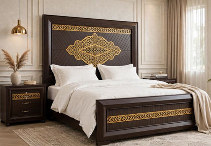 Dark Brown Polish With Gold Laser Lattice Borders Bed Frame With 2 Side Tables