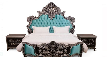 Turquoise Aqua Velvet Tufted With Heavy Silver Baroque Carving Crown Bed Frame With 2 Side Tables