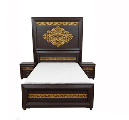 Dark Brown Polish With Gold Laser Lattice Borders Bed Frame With 2 Side Tables