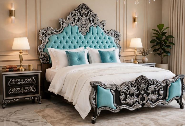 Turquoise Aqua Velvet Tufted With Heavy Silver Baroque Carving Crown Bed Frame With 2 Side Tables