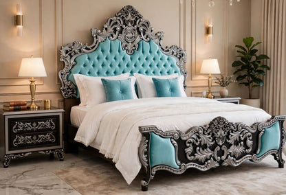 Turquoise Aqua Velvet Tufted With Heavy Silver Baroque Carving Crown Bed Frame With 2 Side Tables