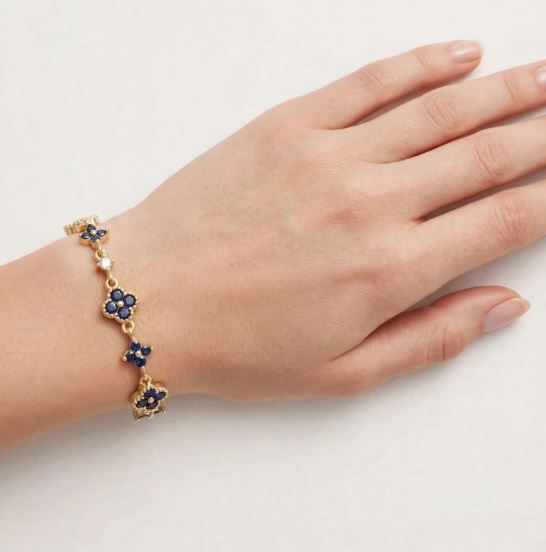 Dark Blue Sapphire 4 Leaf Clover With Gold Beads Bracelet