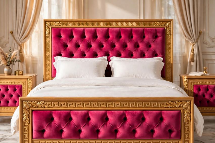 Honey Wood Golden Greek Border With Pink Tufted Velvet Bed Frame With 2 Side Tables