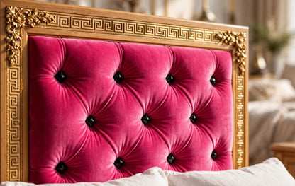 Honey Wood Golden Greek Border With Pink Tufted Velvet Bed Frame With 2 Side Tables
