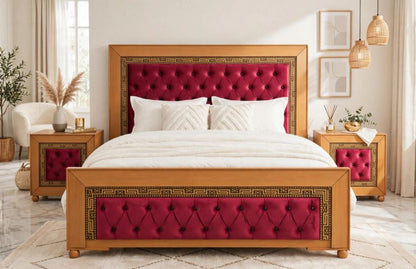 Honey Wood Golden Greek Border With Pink Tufted Velvet Bed Frame With 2 Side Tables