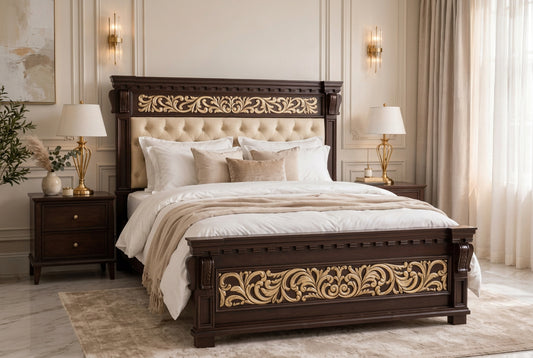 Dark Brown Wood Bed Golden Carvings with Cream Tufted Cushion Preserved With two Side Tables