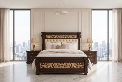 Dark Brown Wood Bed Golden Carvings with Cream Tufted Cushion Preserved With two Side Tables