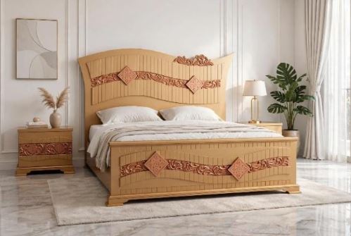 Warm Toned Polished Wood Bed Complete Bed Headboard and Footboard With 2 Side Tables