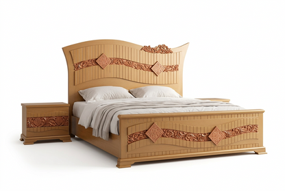 Warm Toned Polished Wood Bed Complete Bed Headboard and Footboard With 2 Side Tables