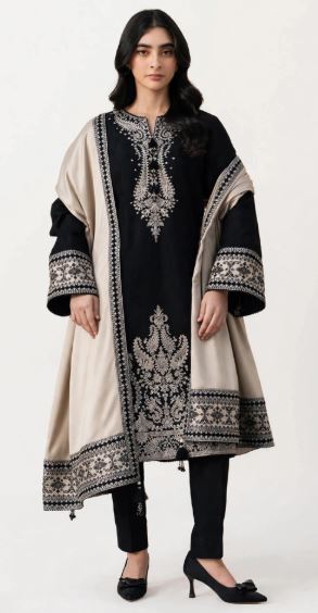 Black Dhanak With Beige Embroidered Neckline- daman 3Pc Unstitched With Wool Shawl