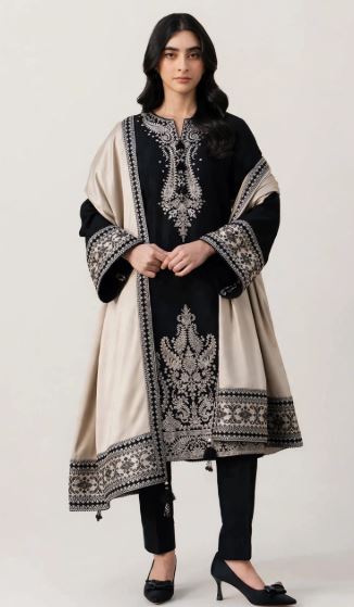Black Dhanak With Beige Embroidered Neckline- daman 3Pc Unstitched With Wool Shawl