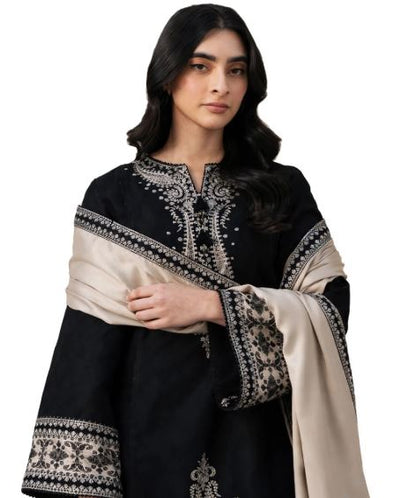 Black Dhanak With Beige Embroidered Neckline- daman 3Pc Unstitched With Wool Shawl