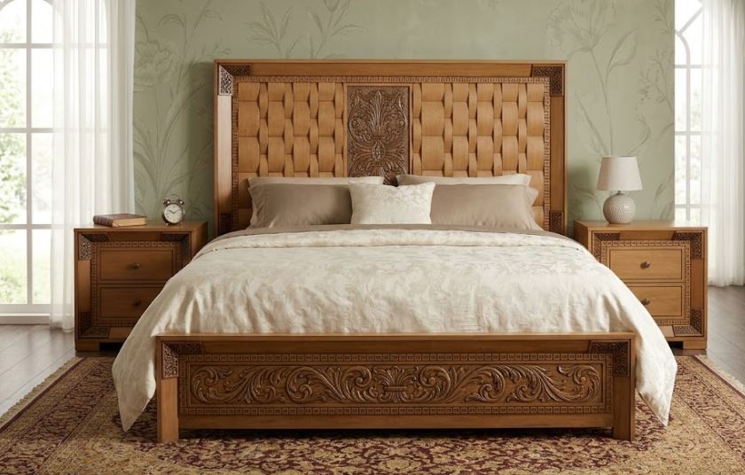 Ornate wooden bed frame with a carved footboard tufted headboard nightstand with 2 side draw