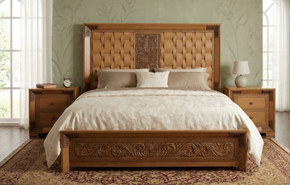 Ornate wooden bed frame with a carved footboard tufted headboard nightstand with 2 side draw