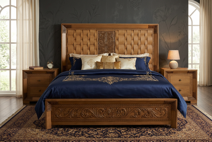 Ornate wooden bed frame with a carved footboard tufted headboard nightstand with 2 side draw