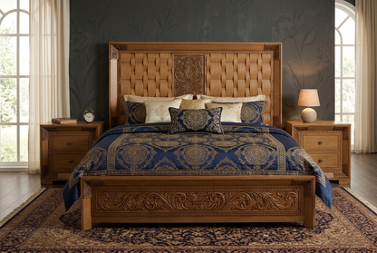 Ornate wooden bed frame with a carved footboard tufted headboard nightstand with 2 side draw
