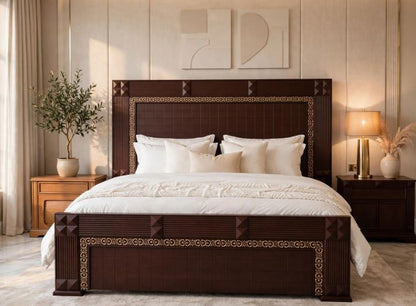 Mahogany Bed Frame With Golden Border Pyramid Corners With 2 Side Tables