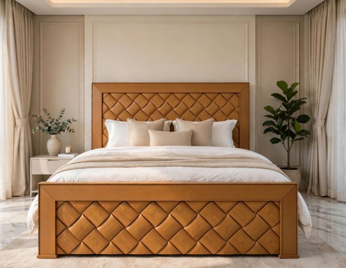 Honey Wood With Diamond Woven Pattern Bed Frame With 2 Side Tables