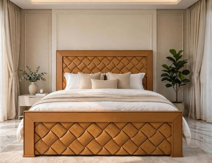 Honey Wood With Diamond Woven Pattern Bed Frame With 2 Side Tables
