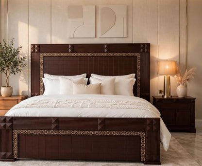 Mahogany Bed Frame With Golden Border Pyramid Corners With 2 Side Tables