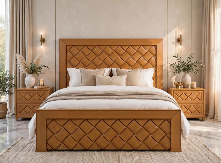 Honey Wood With Diamond Woven Pattern Bed Frame With 2 Side Tables